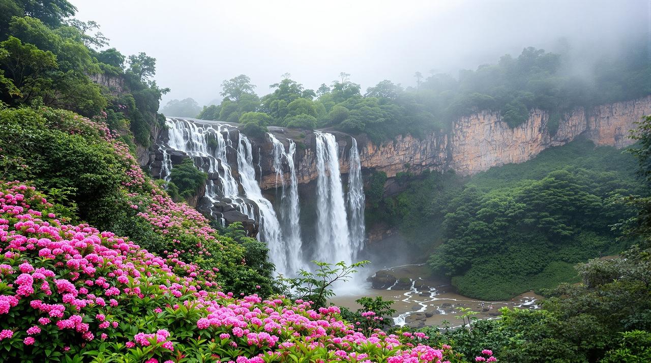 达达影院 - 江西庐山杜鹃花海与瀑布同框